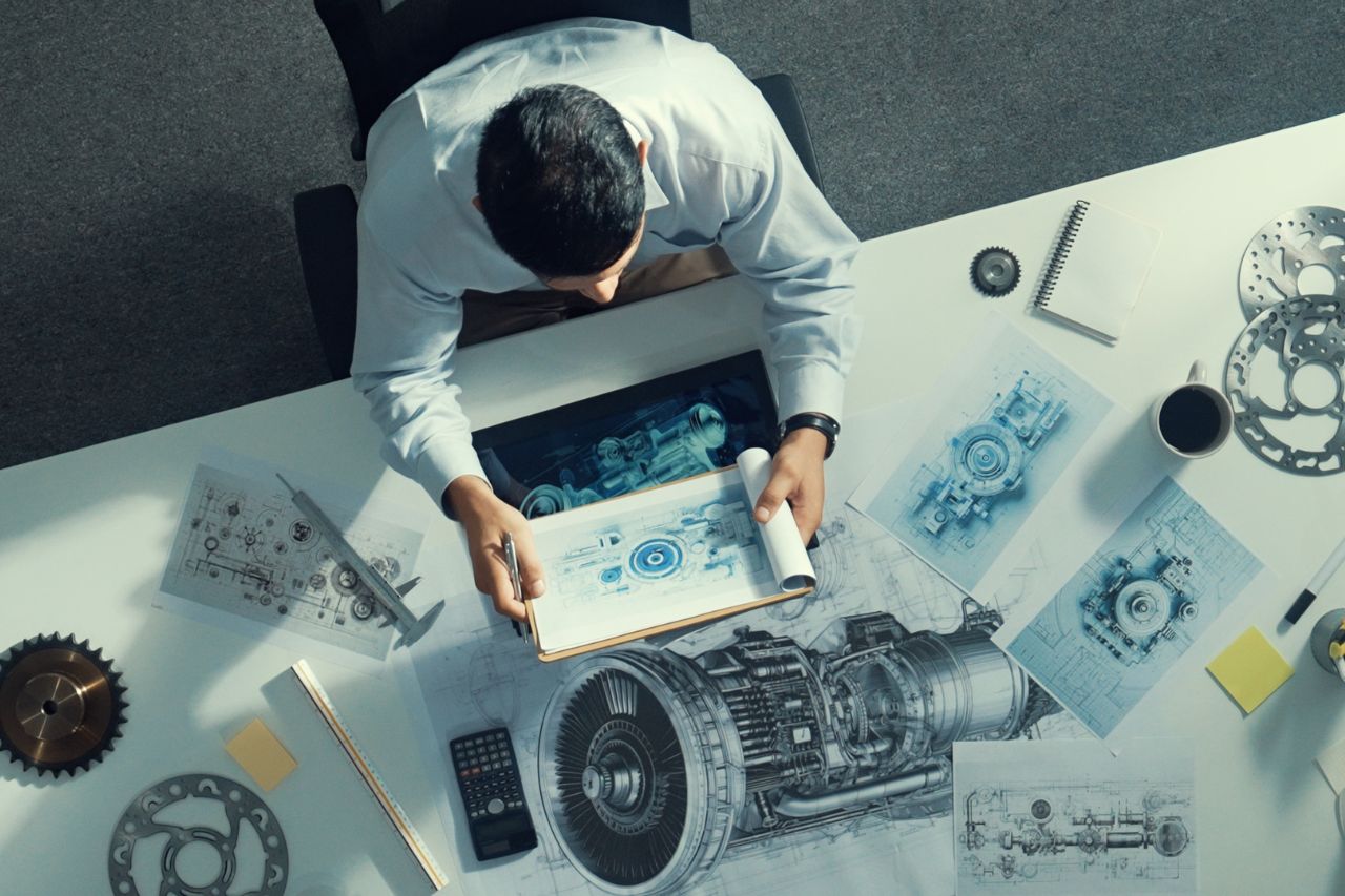 Inżynier analizujący projekt CAD przy stanowisku projektowym